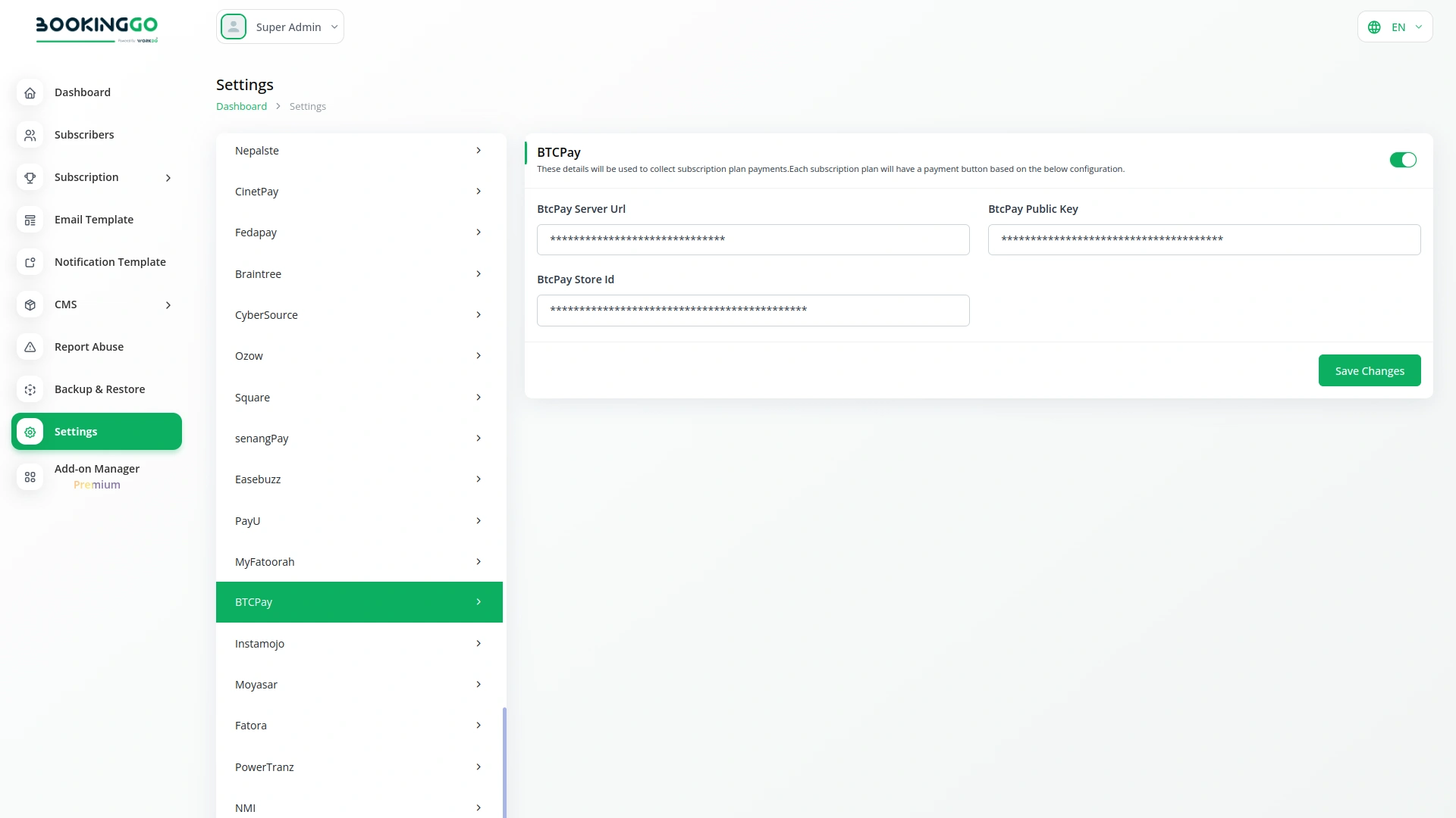 BTCPay – BookingGo SaaS Add-On