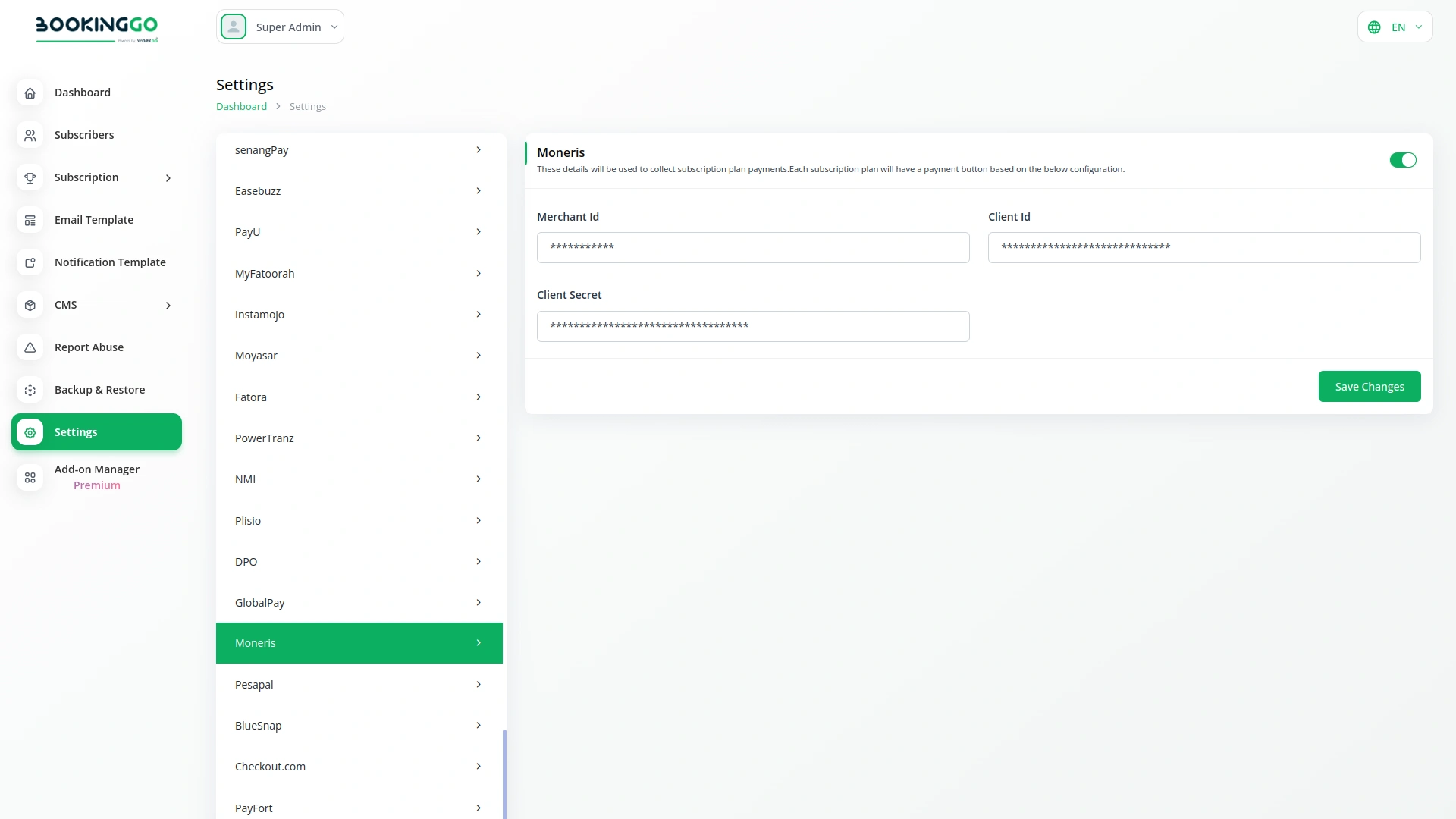 Moneris – BookingGo SaaS Add-On