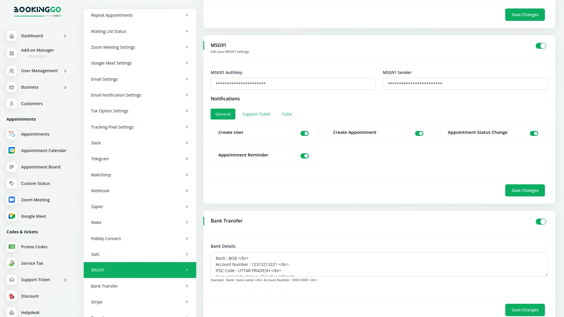 MSG91 – BookingGo SaaS Add-On