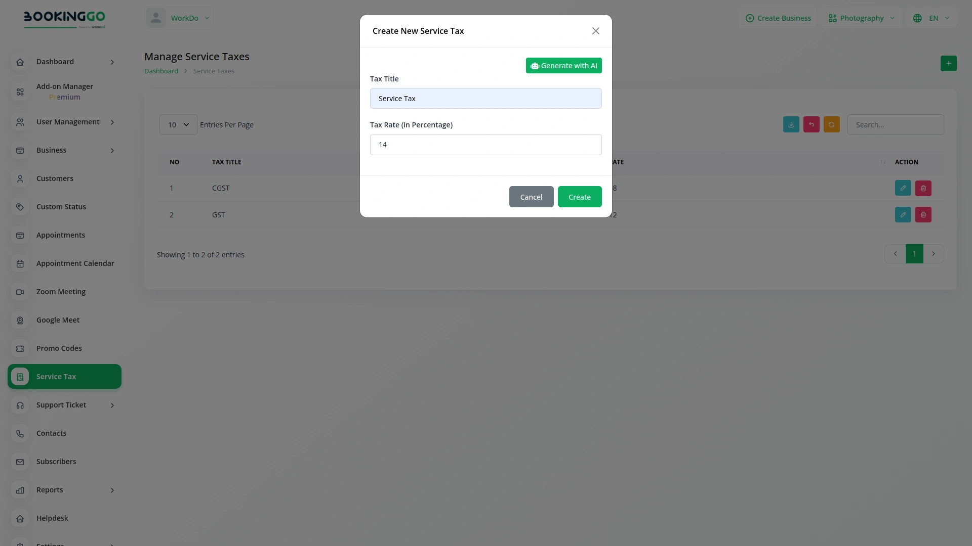 Service Tax – BookingGo SaaS Add-On