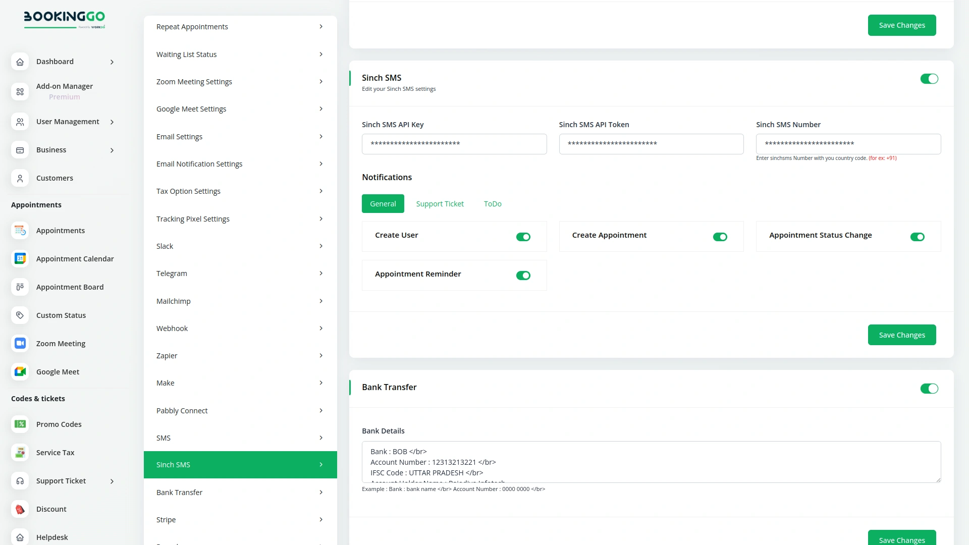 Sinch SMS – BookingGo SaaS Add-On