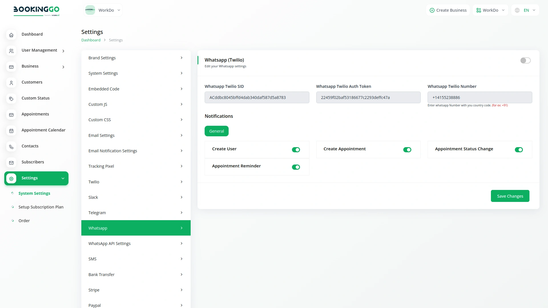 Whatsapp (Twilio) – BookingGo SaaS Add-On