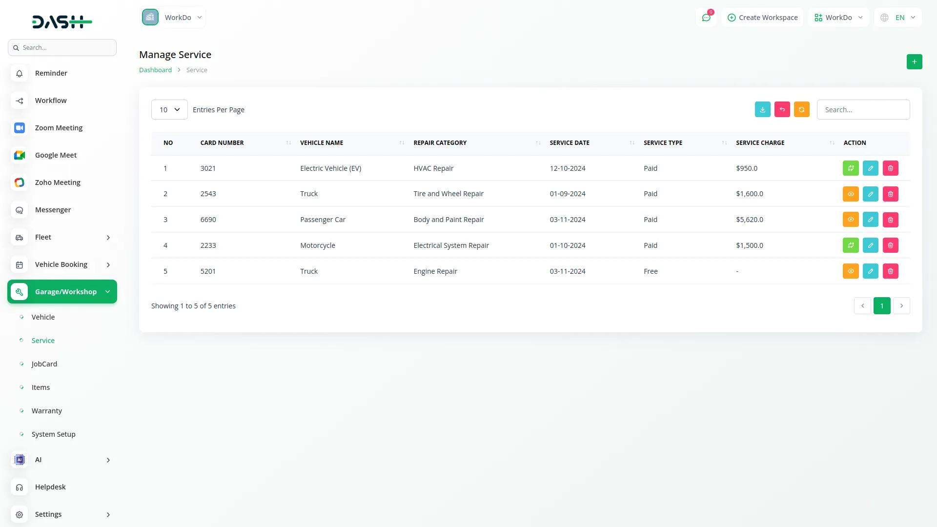 Garage/Workshop Management System