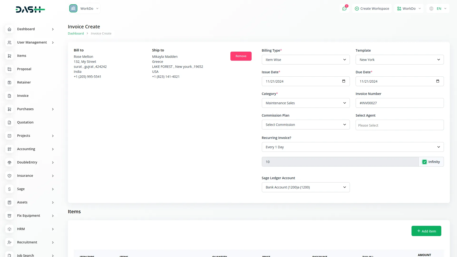 Recurring Invoice/Bill