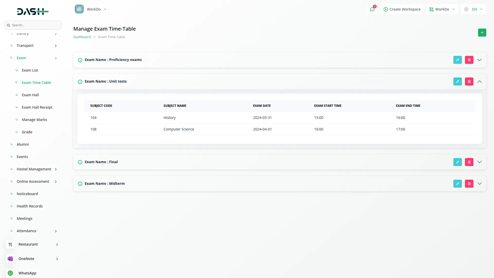exam integration in dash saas