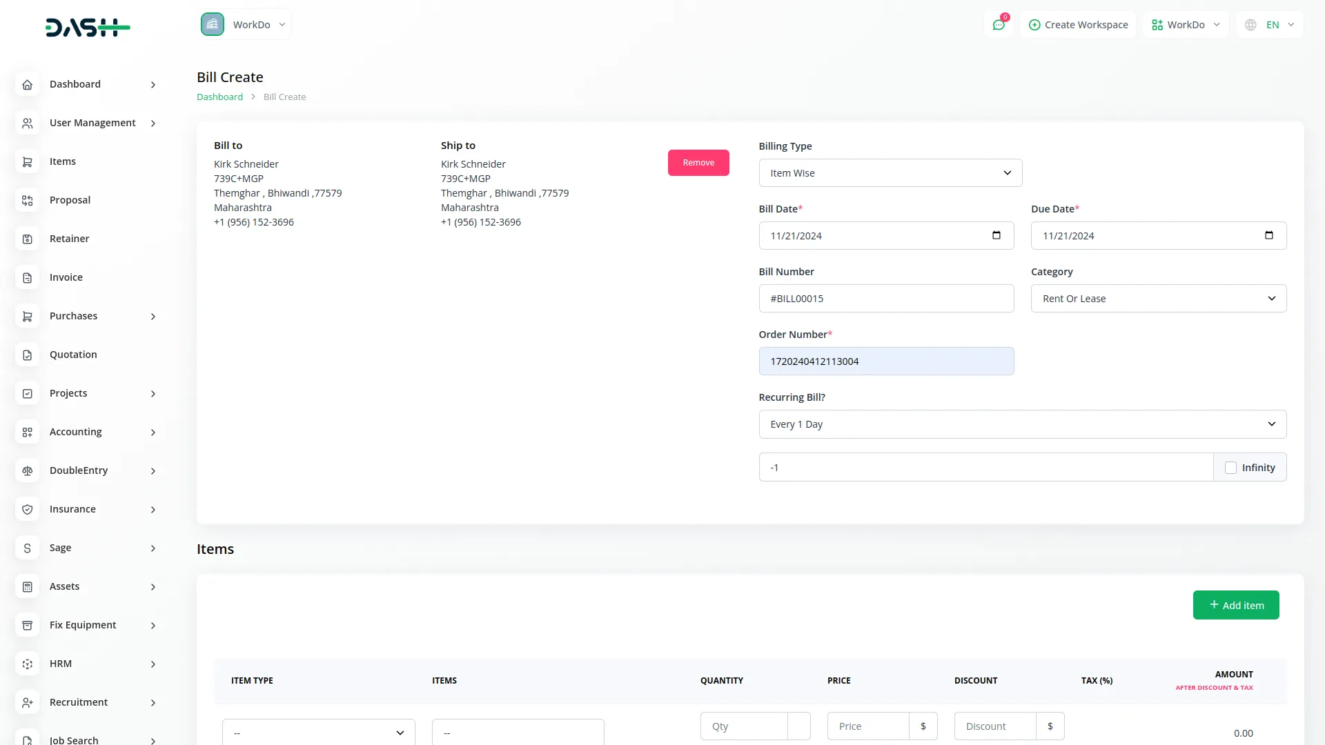 recurring invoice bills