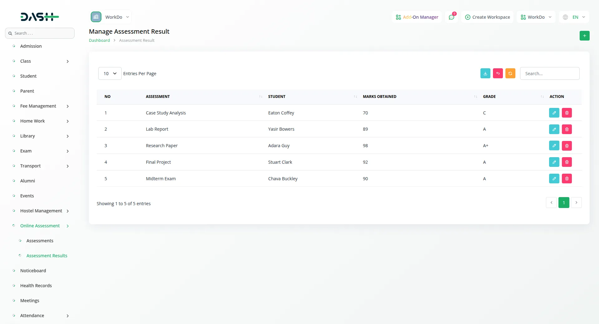 school institute management dashboard