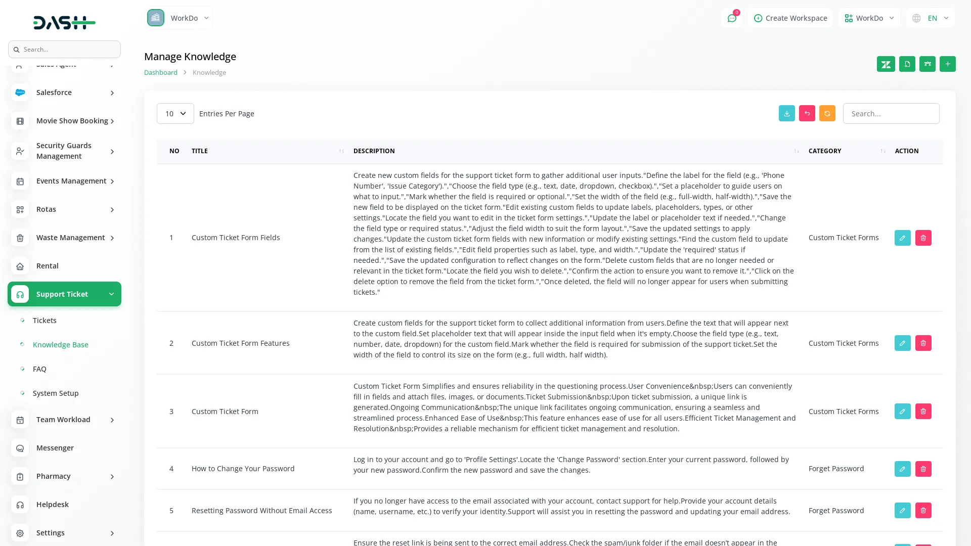 support ticket dash saas