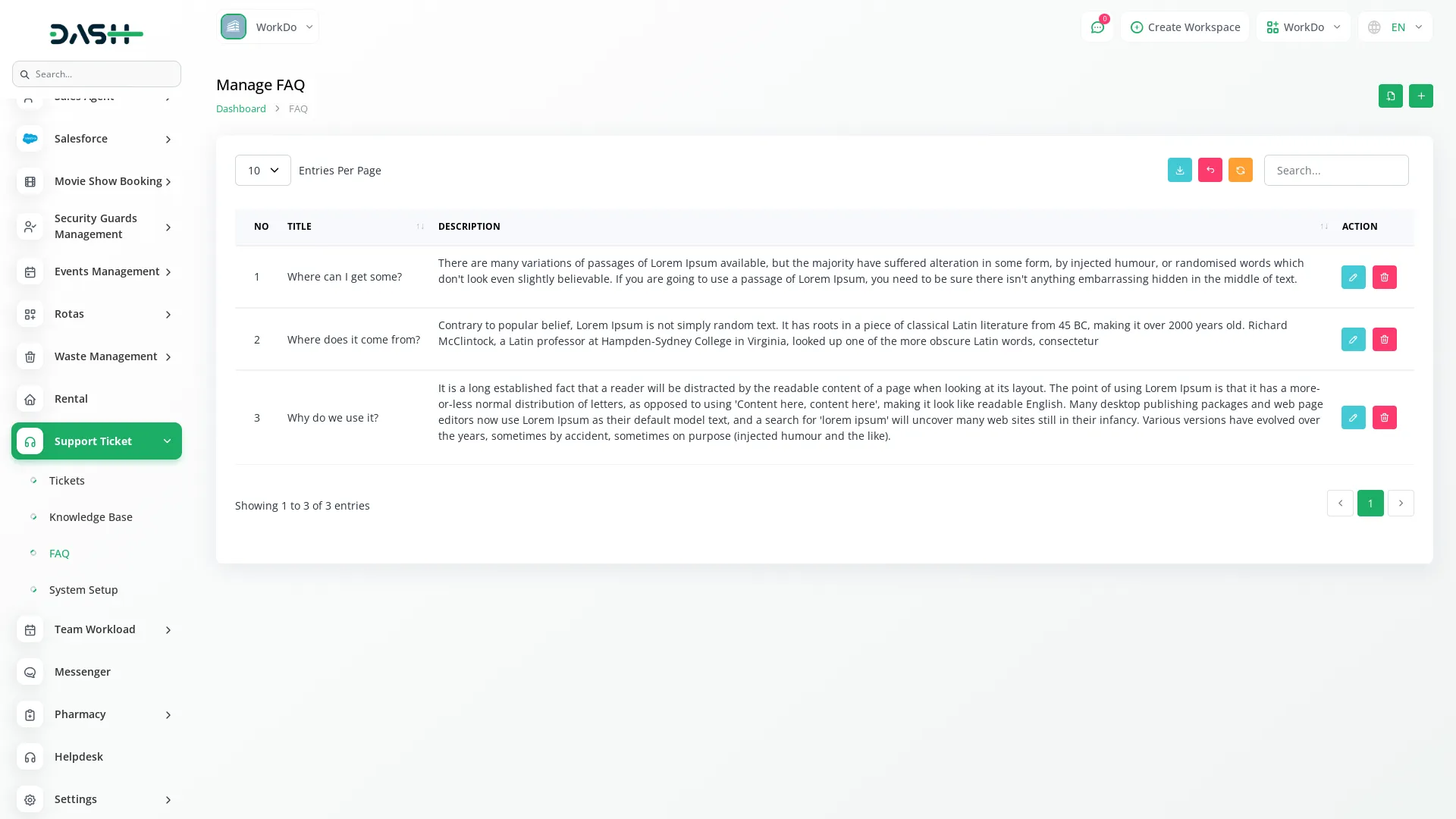 support ticket dash saas