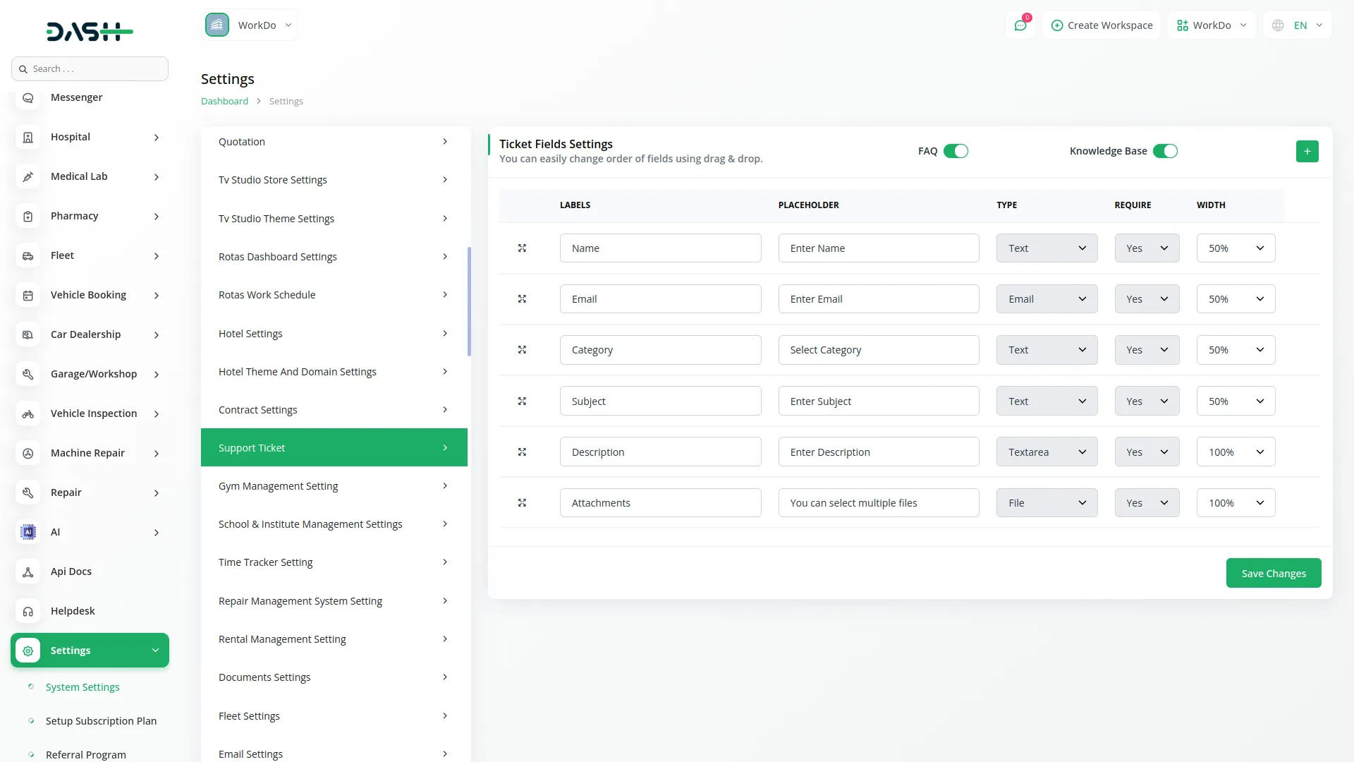 support ticket dash saas