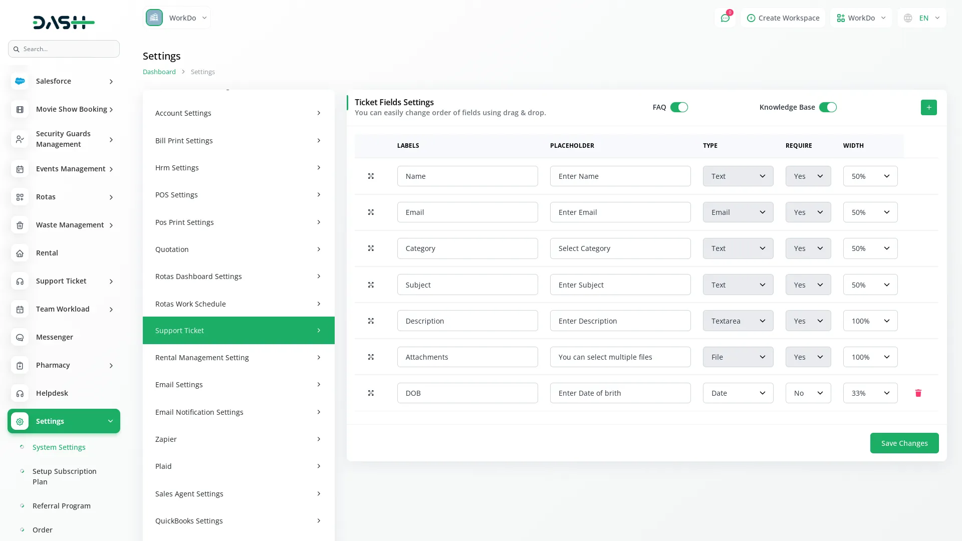 support ticket dash saas