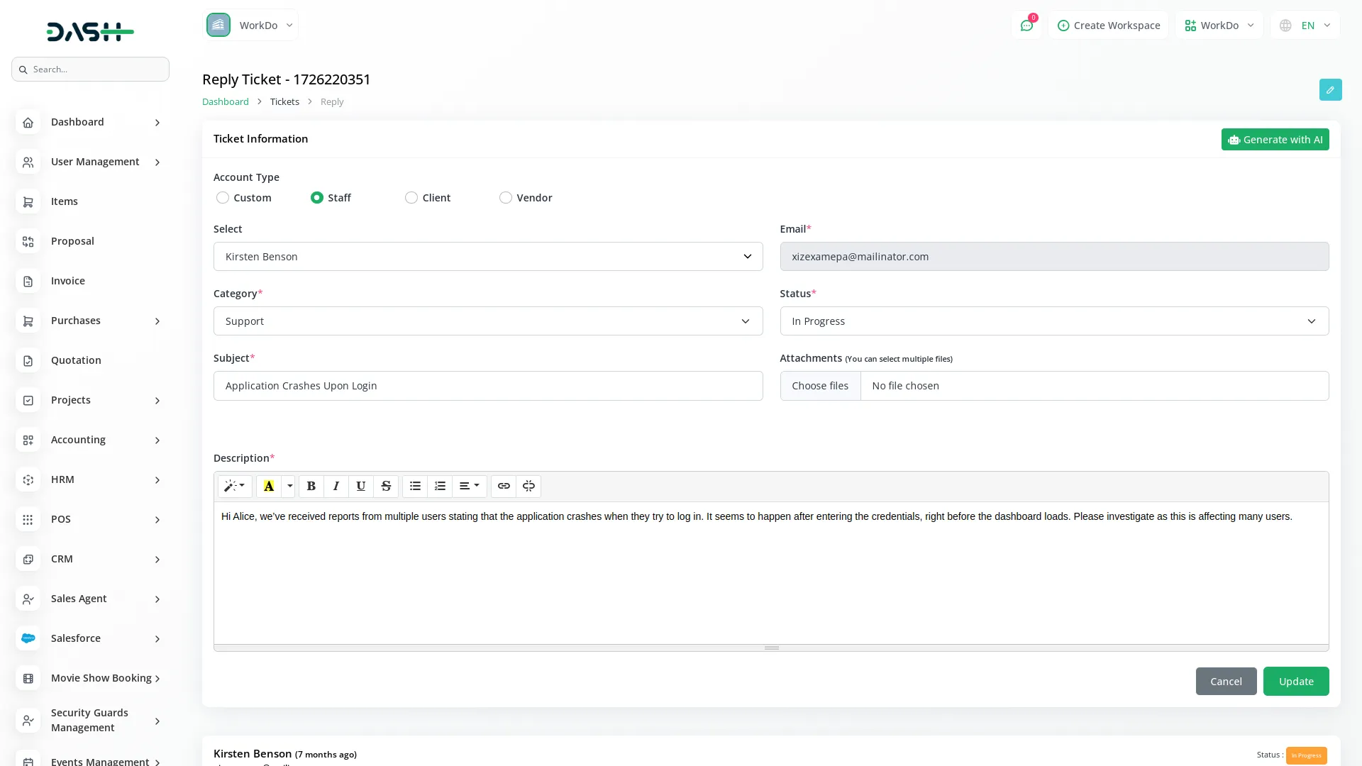 support ticket dash saas