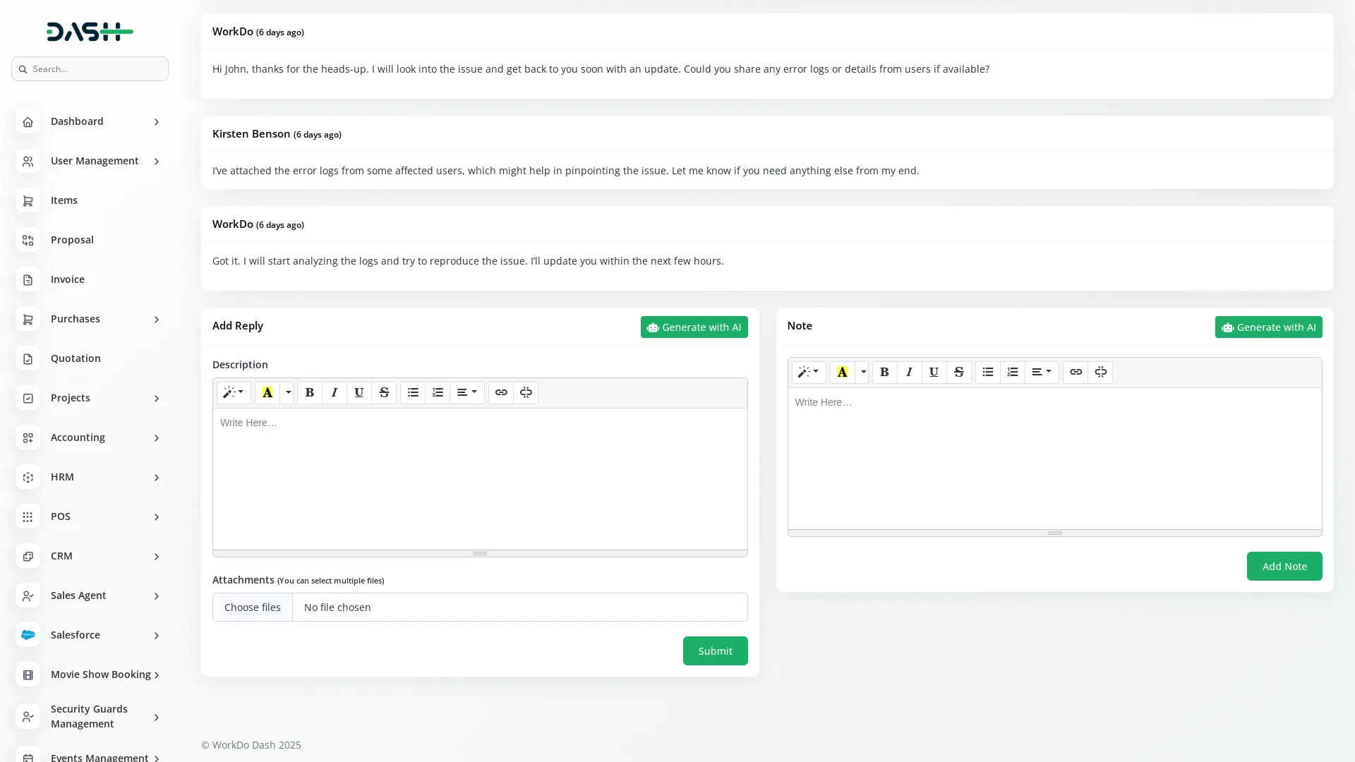 support ticket dash saas