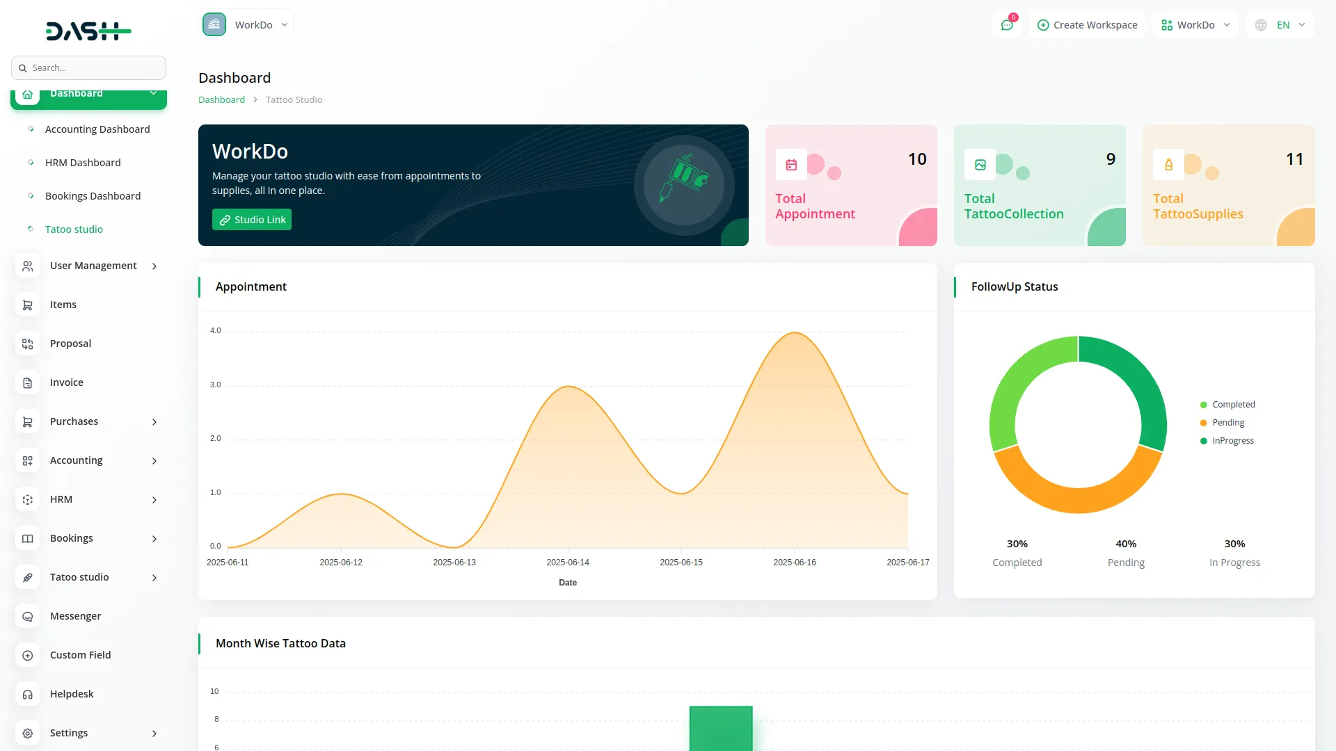 tattoo studio management dash