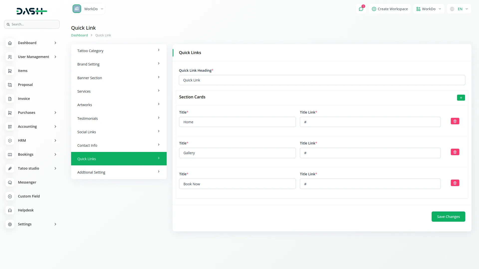 tattoo studio management dash