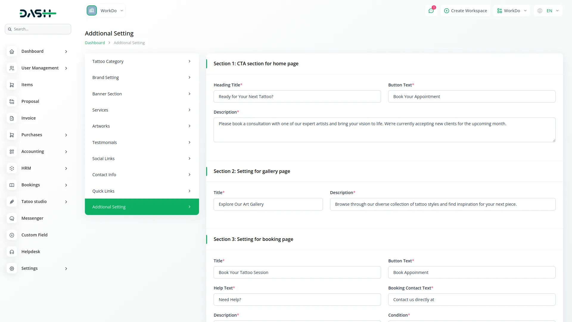 tattoo studio management dash