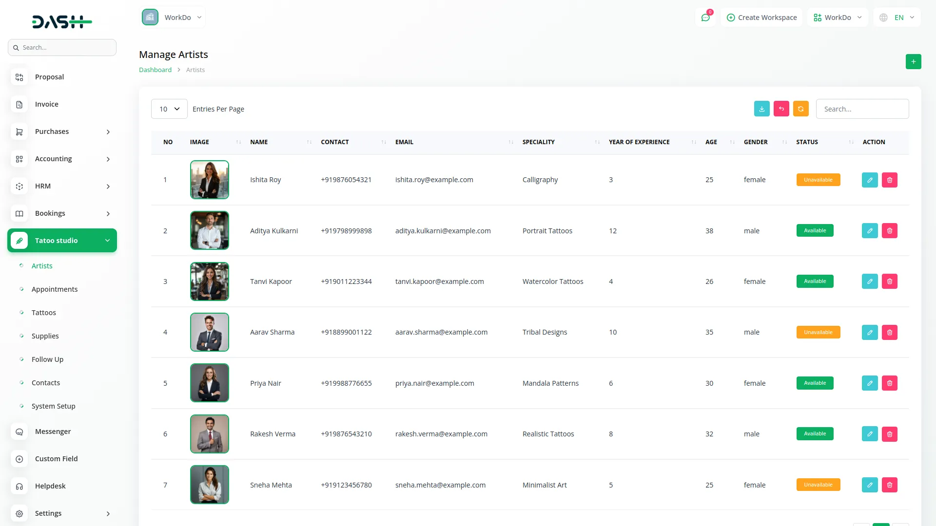 tattoo studio management dash