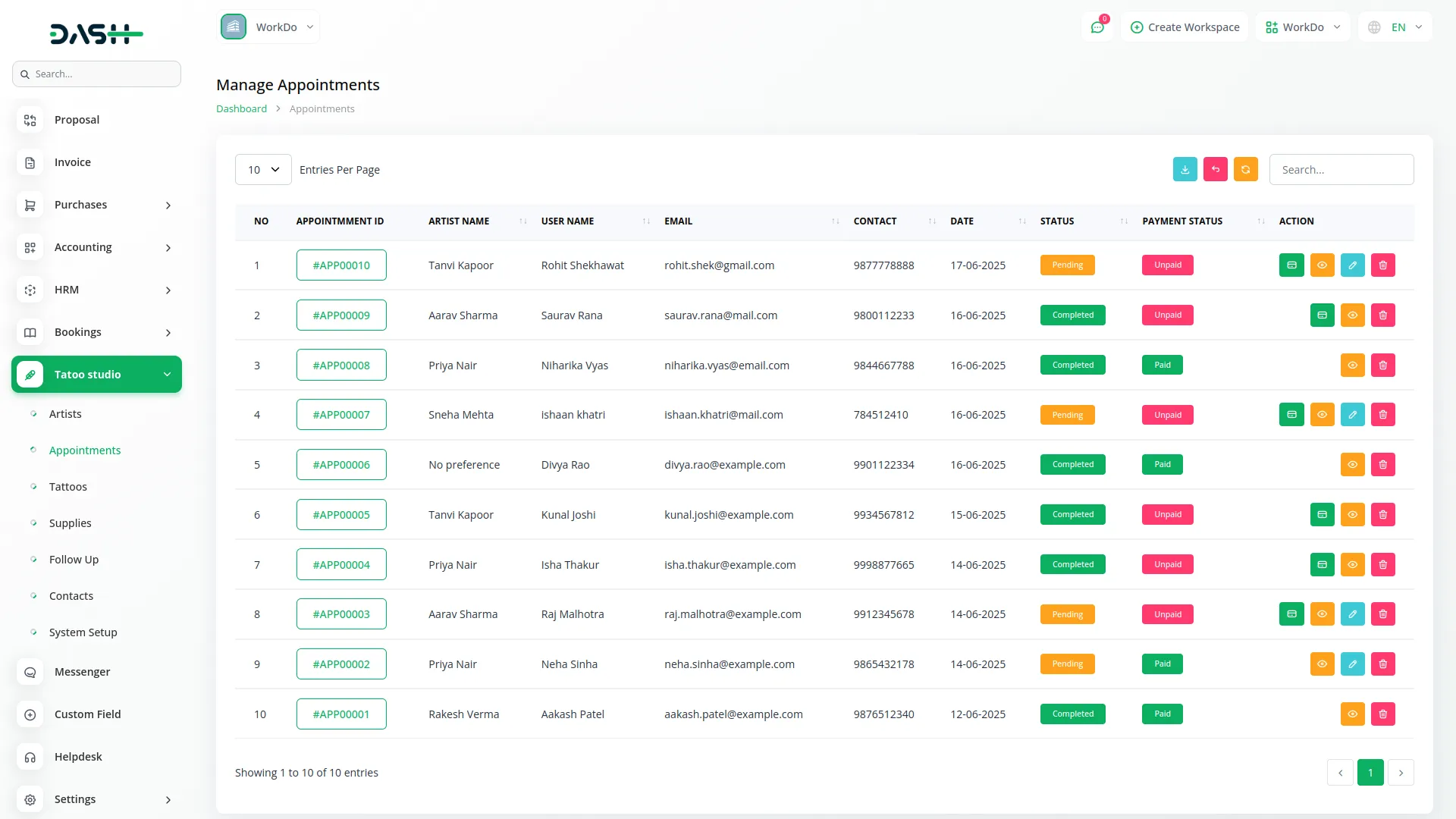 tattoo studio management dash