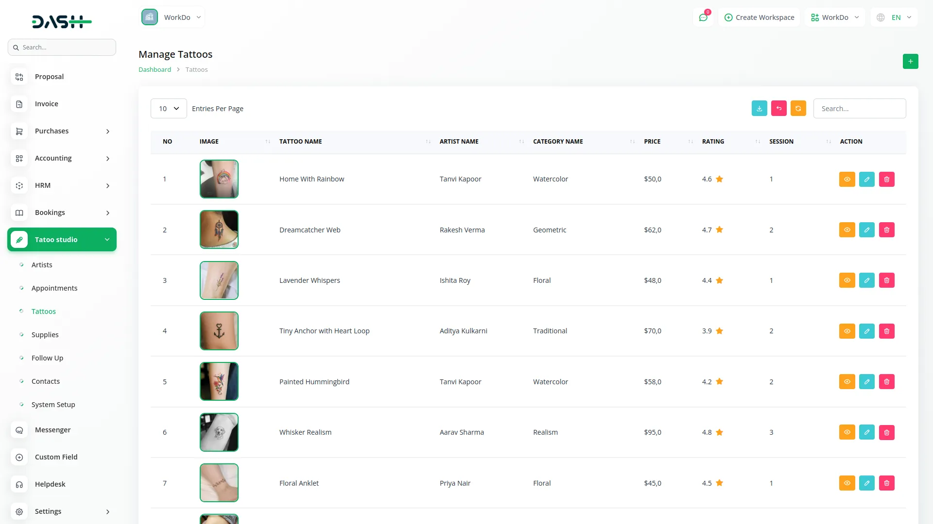 tattoo studio management dash