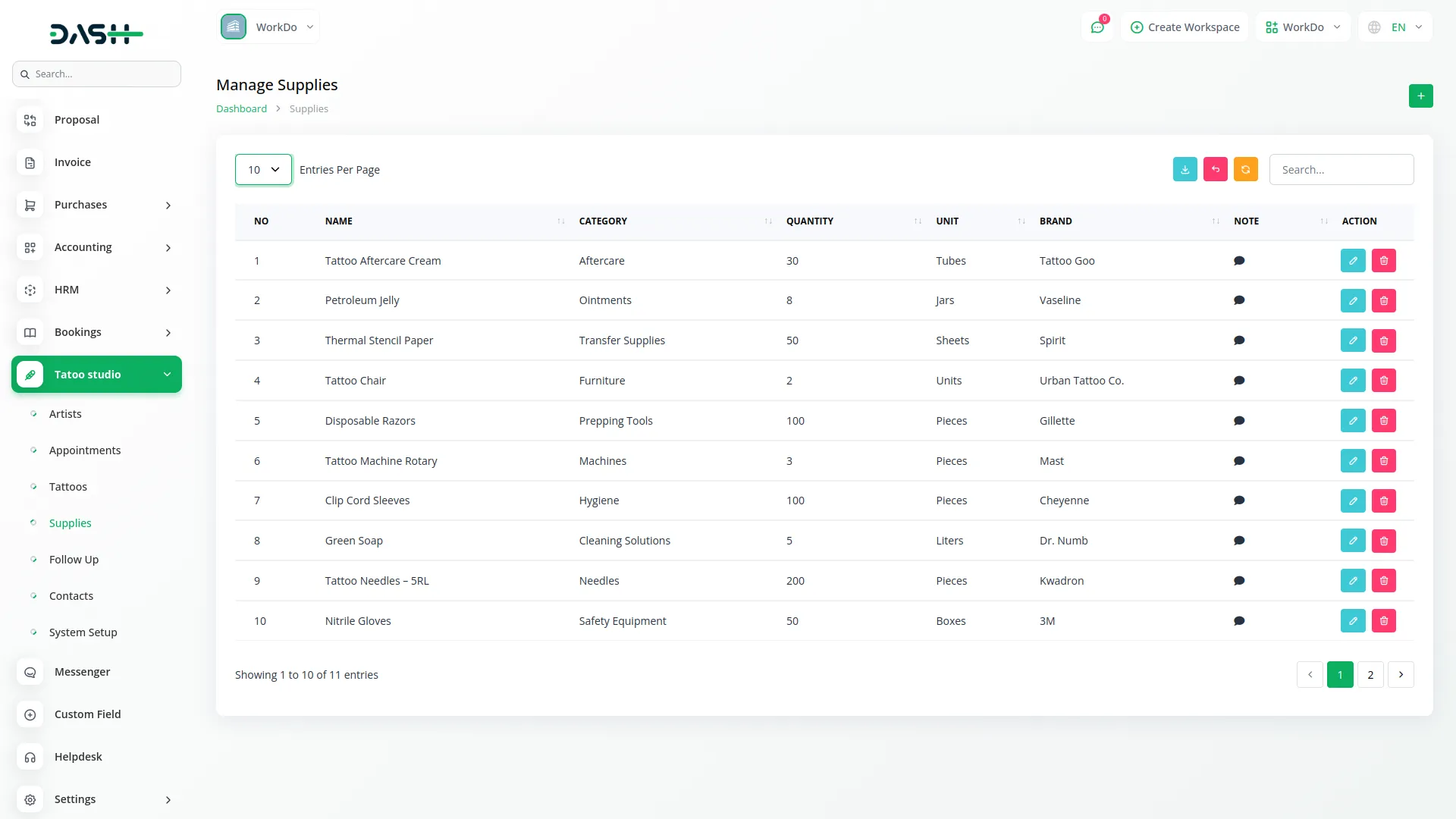 tattoo studio management dash