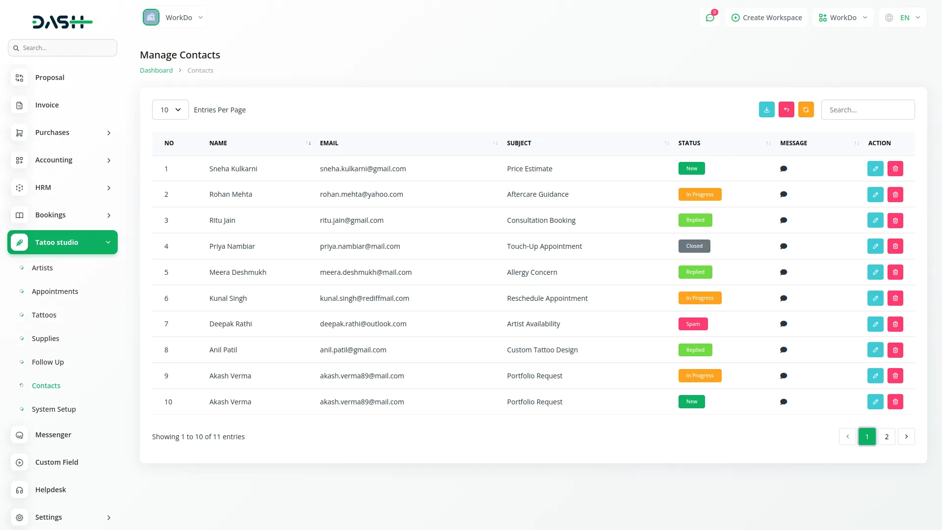 tattoo studio management dash