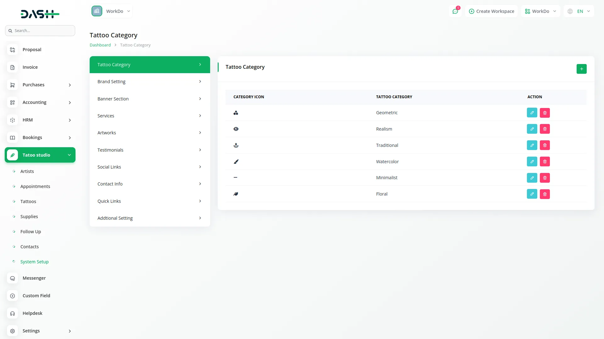 tattoo studio management dash