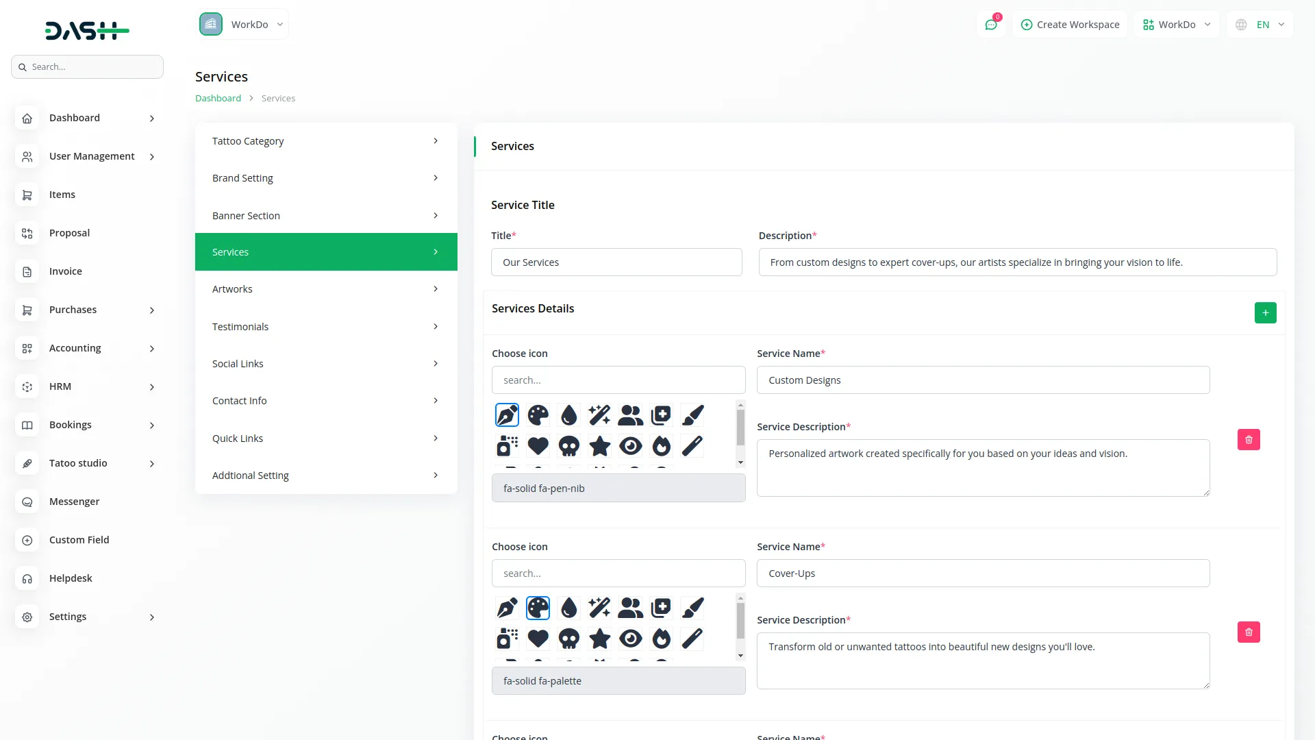 tattoo studio management dash