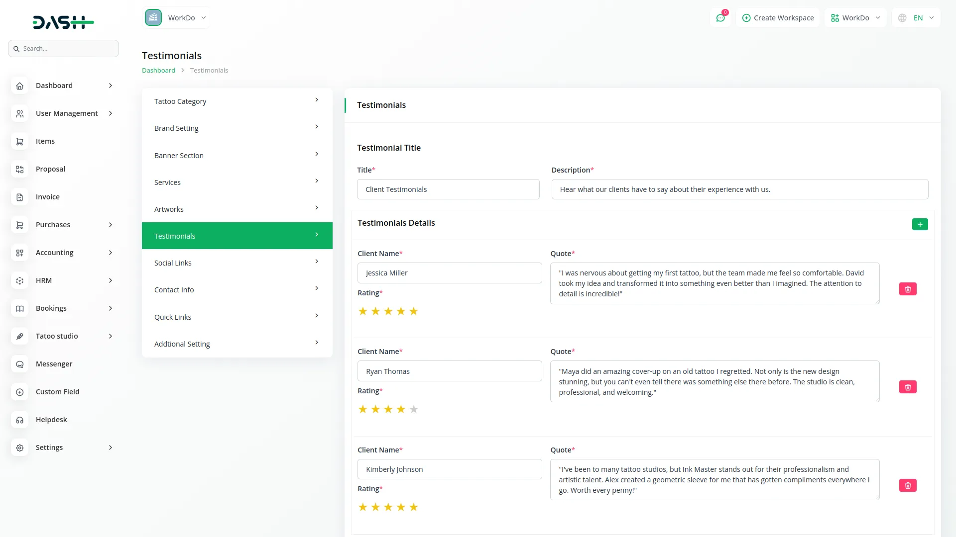 tattoo studio management dash