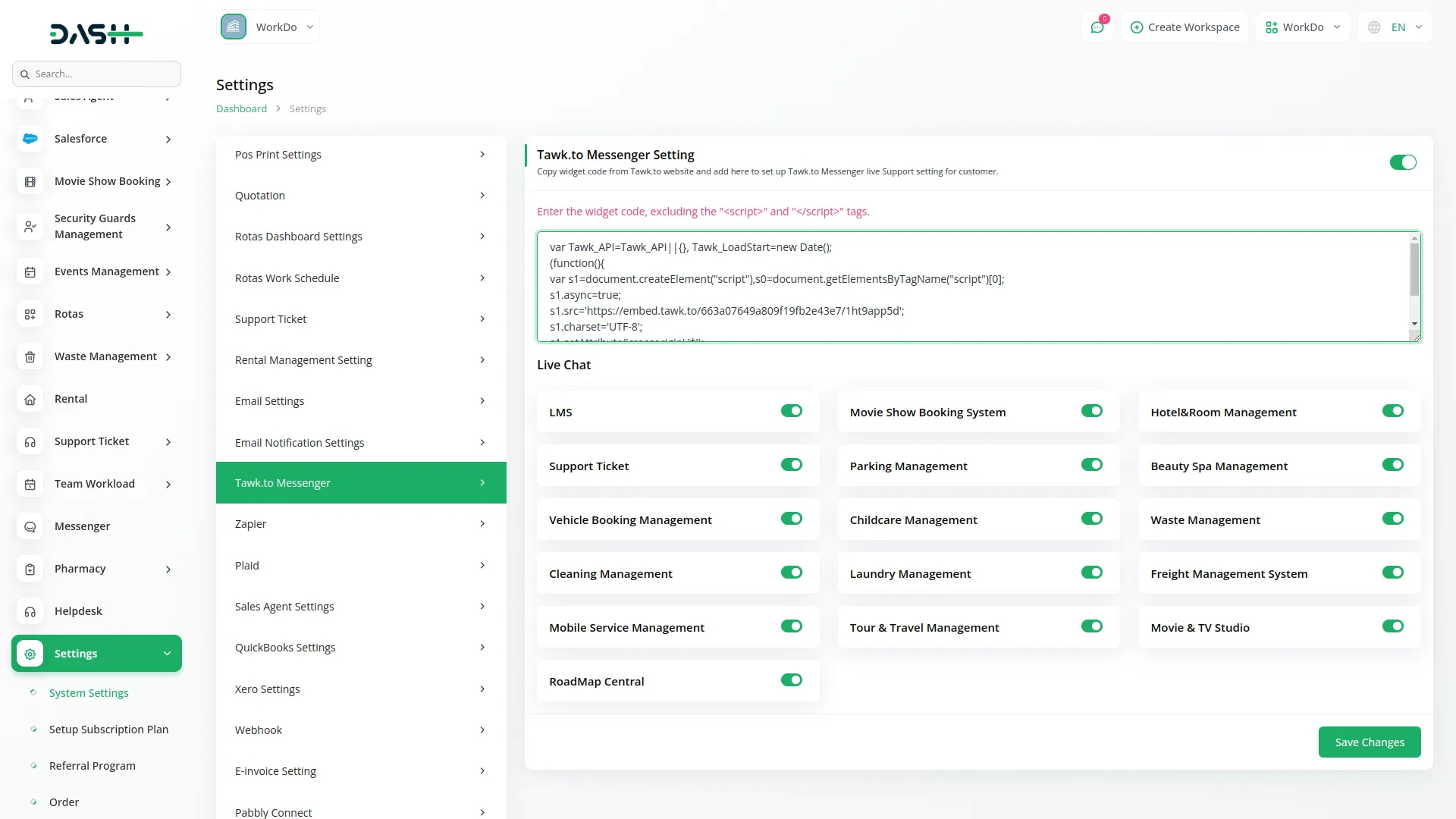 tawk-to-messenger dash saas