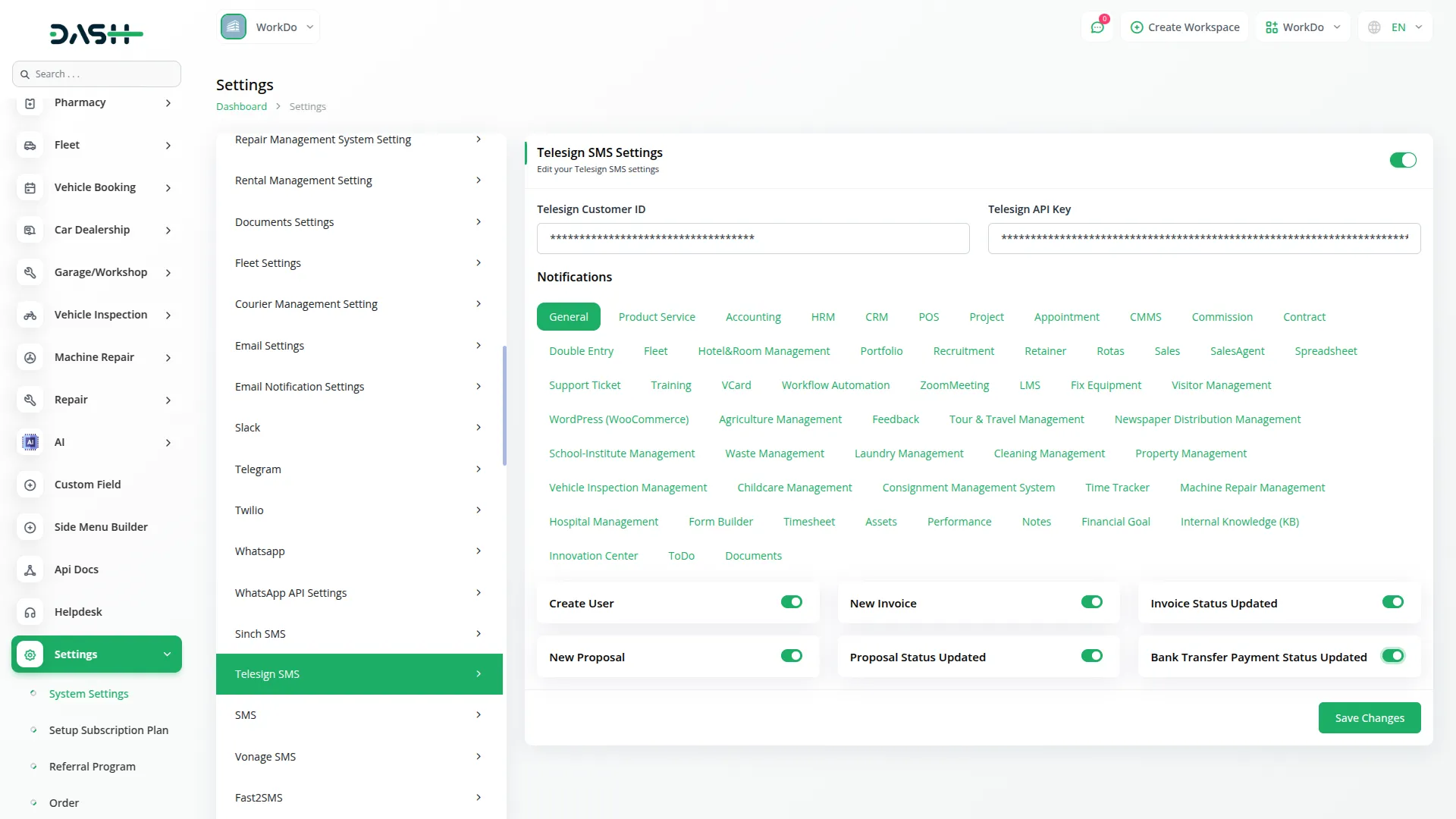 telesign sms integration in dash saas
