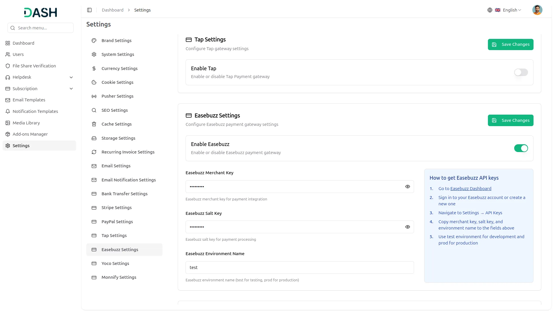 easebuzz settings