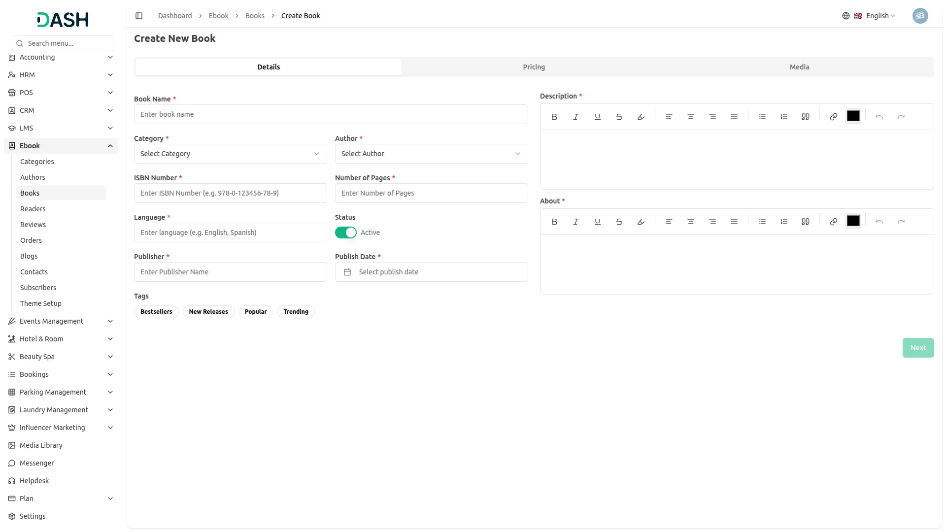 create book - details tab