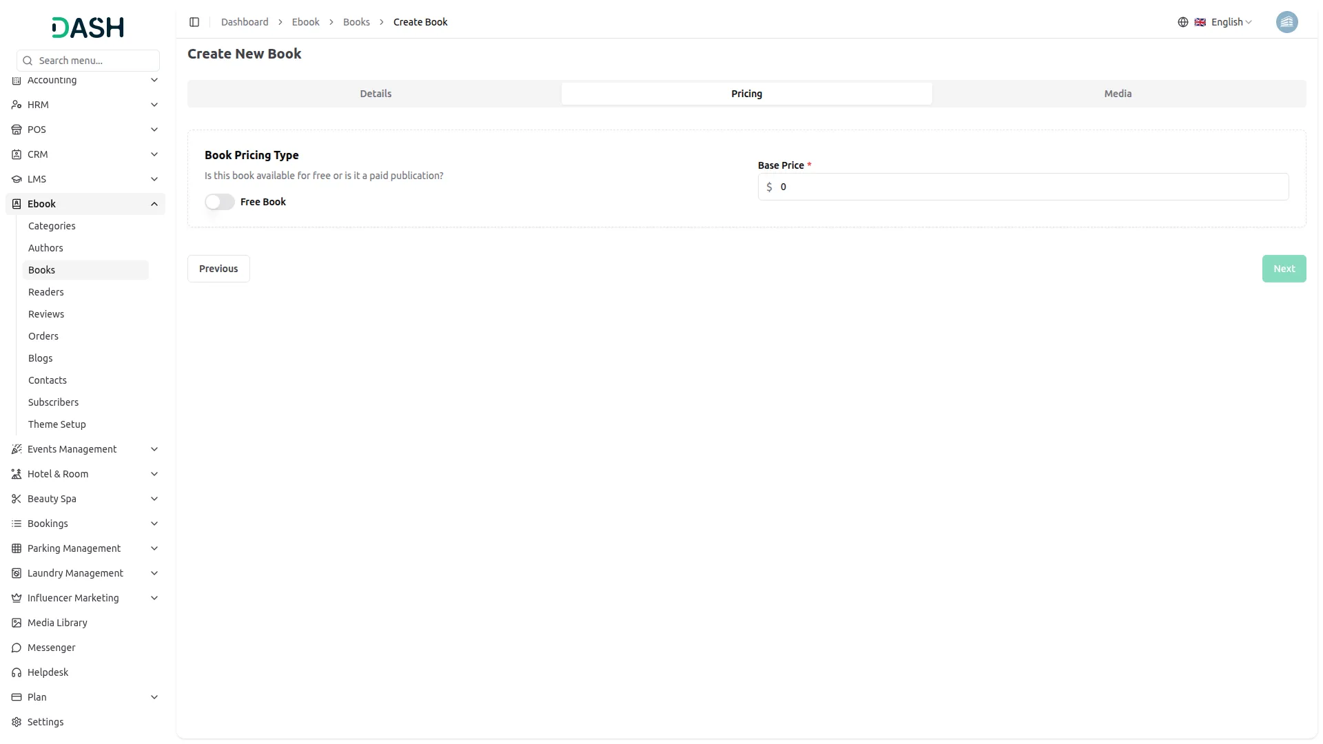 create book - pricing tab