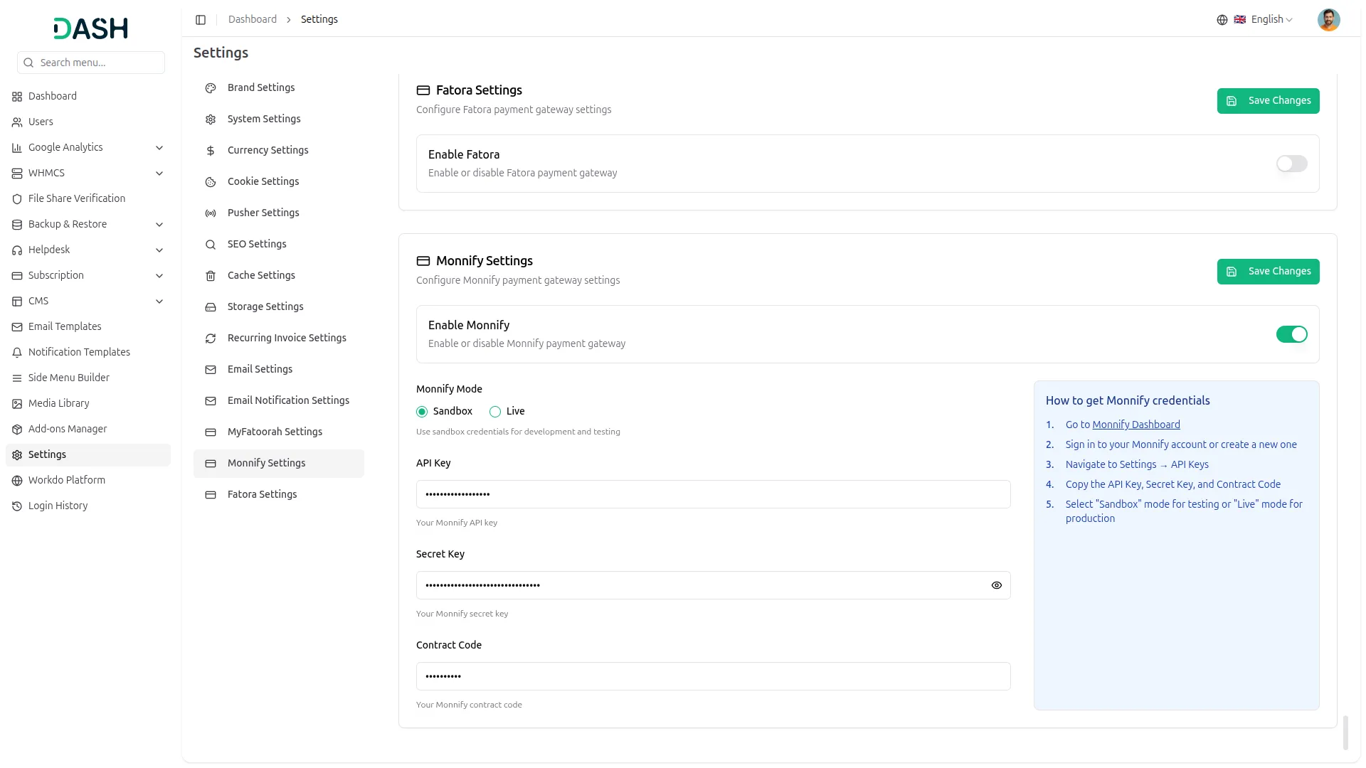 monnify settings