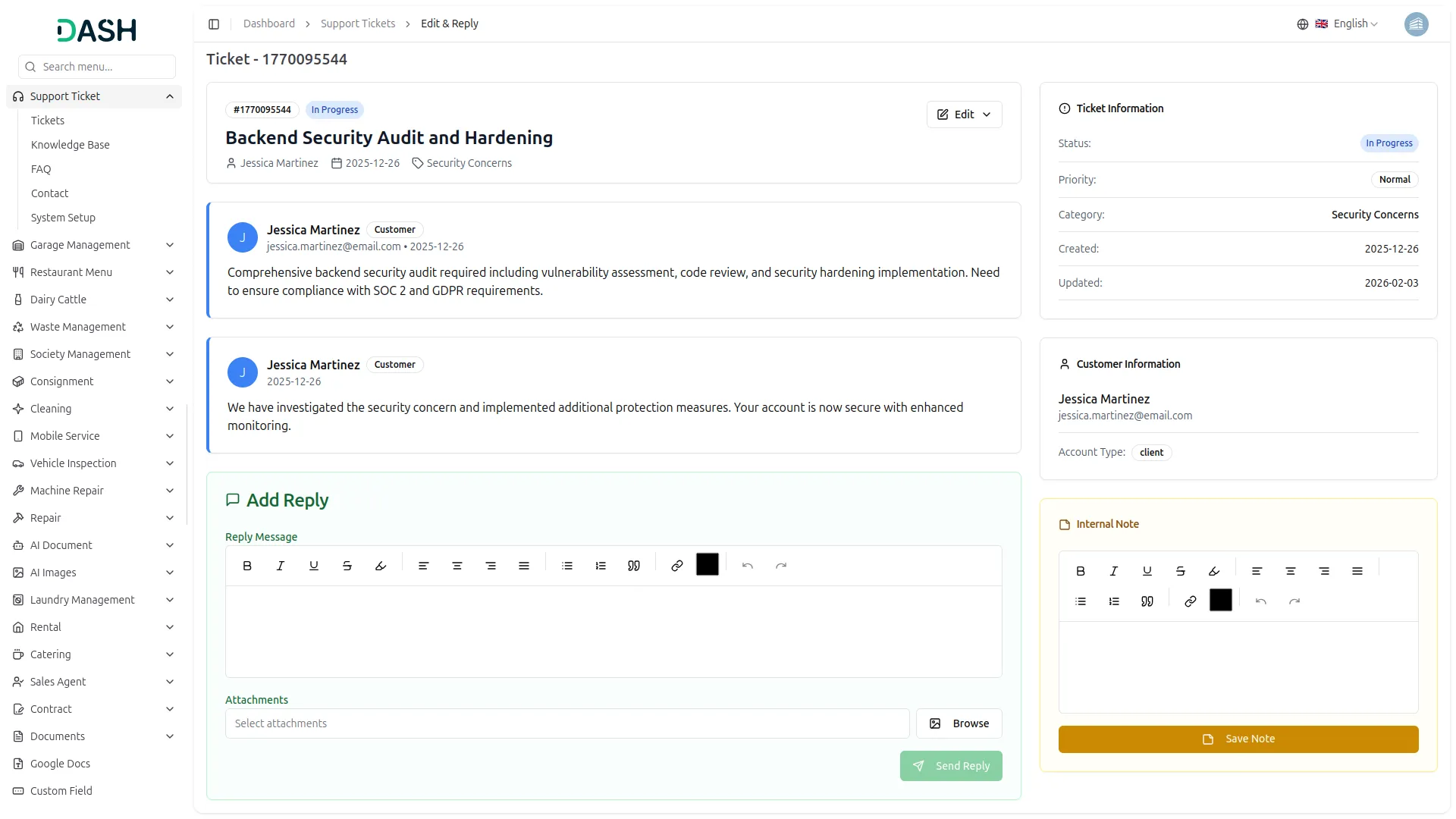 support ticket dash saas