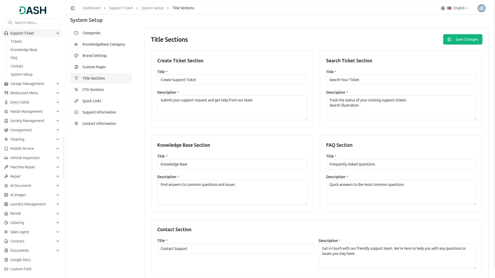 support ticket dash saas