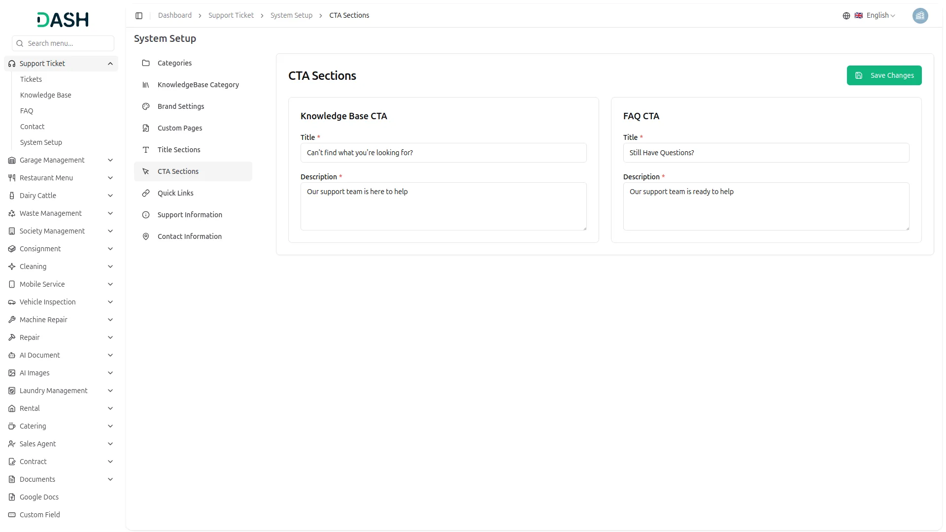 support ticket dash saas