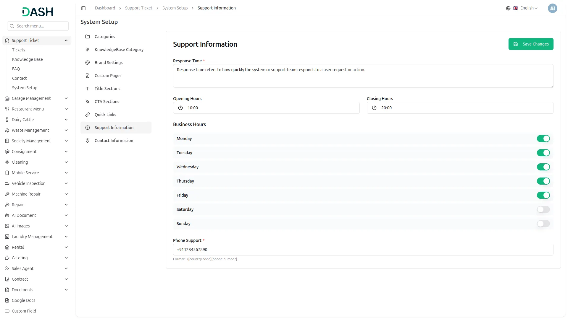 support ticket dash saas