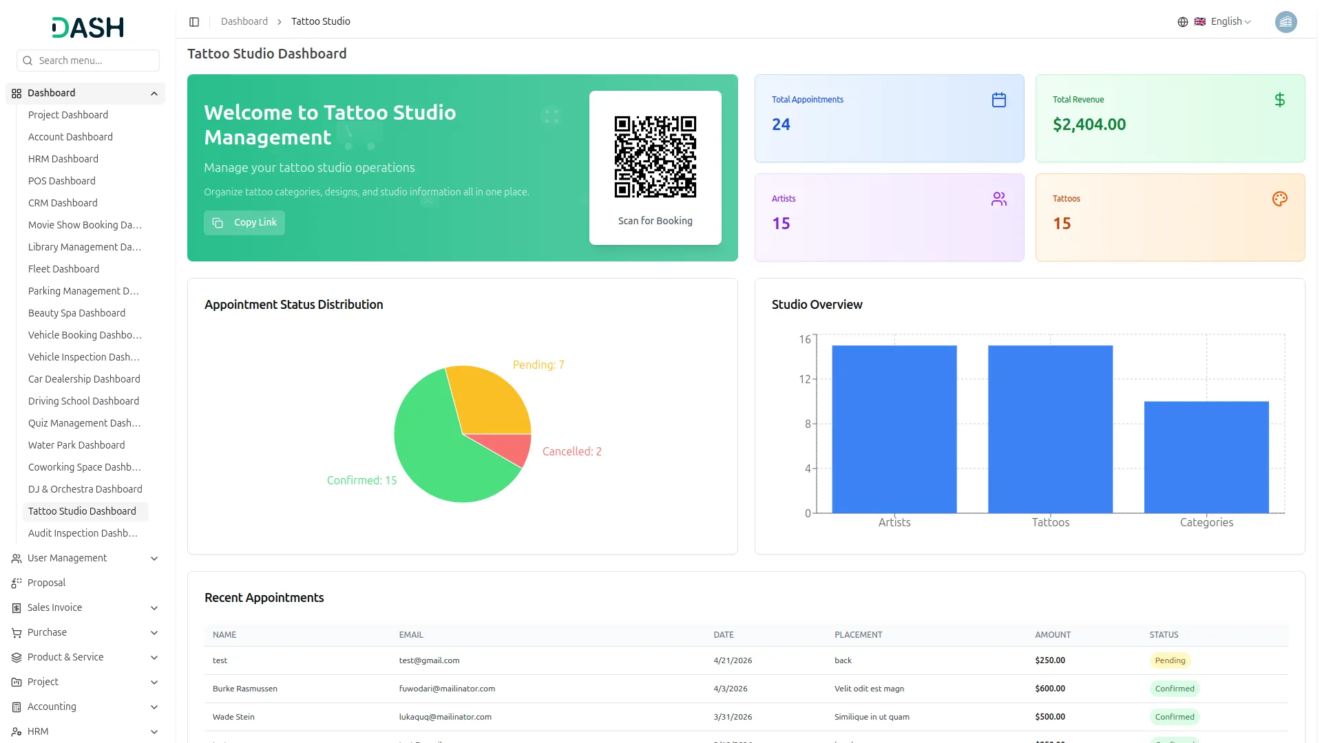 tattoo studio management dash