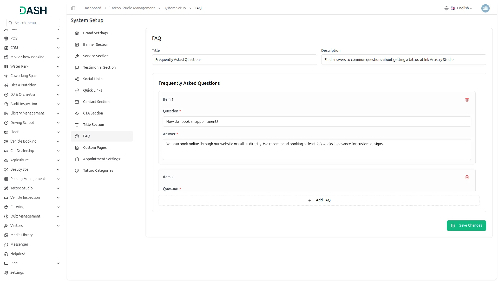 tattoo studio management dash