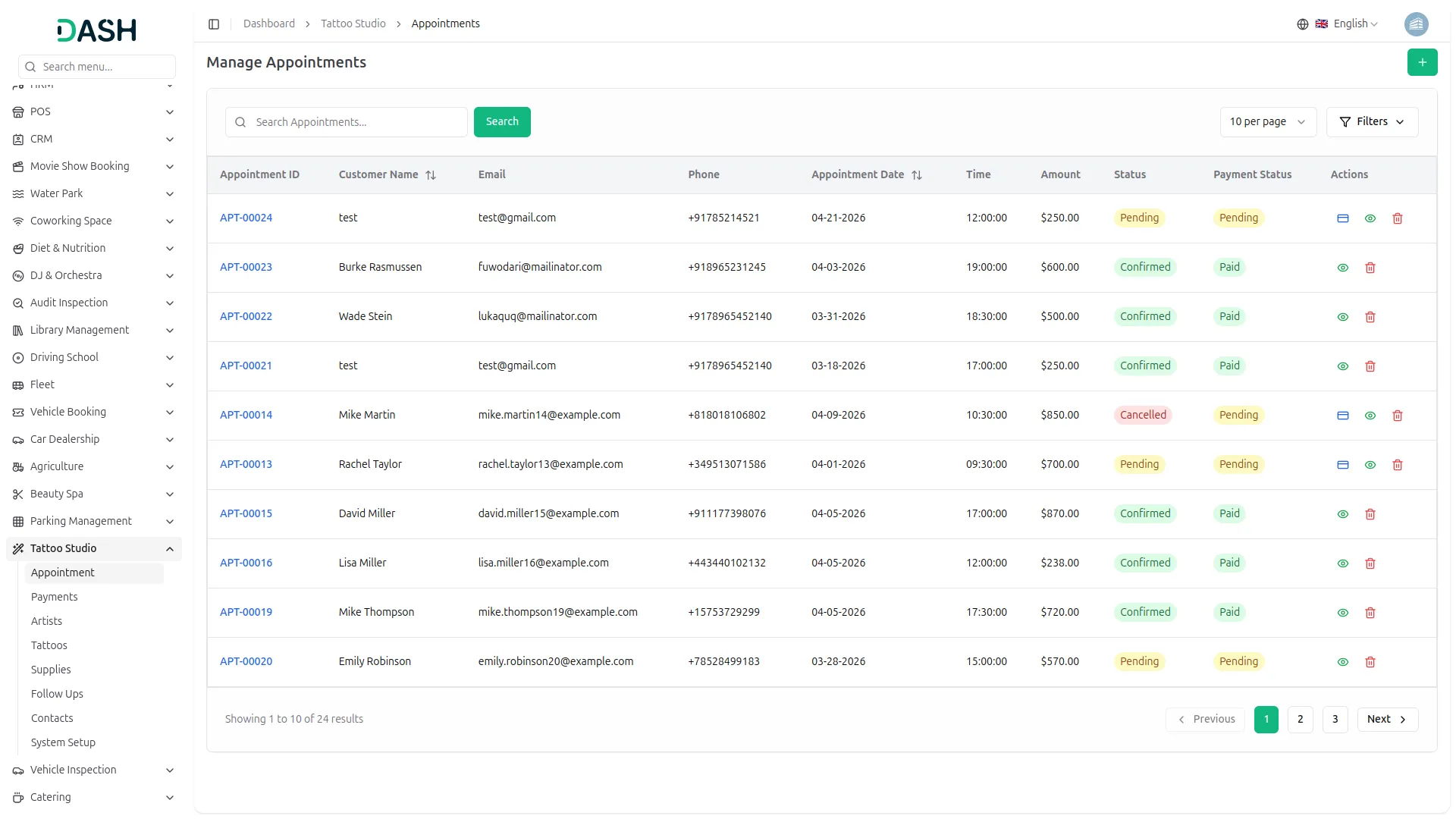 tattoo studio management dash