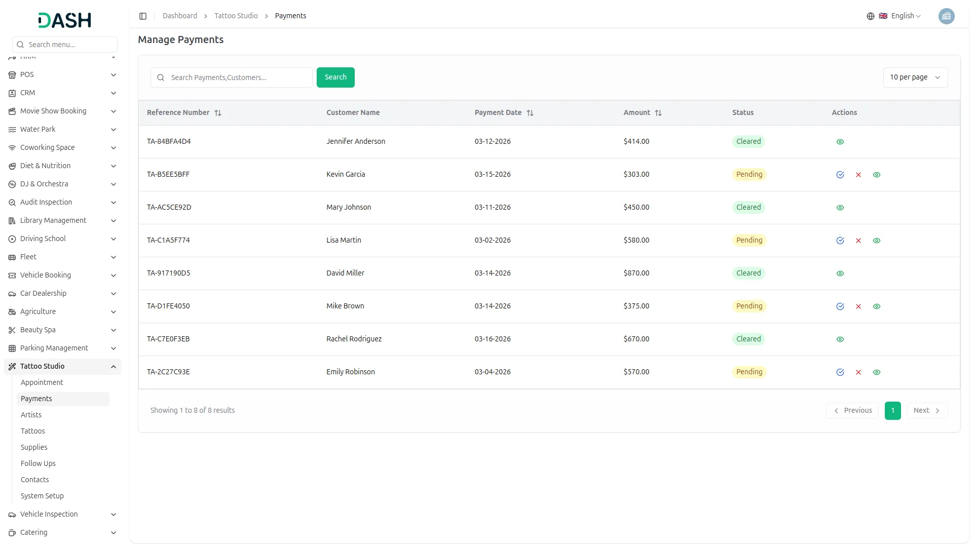 tattoo studio management dash