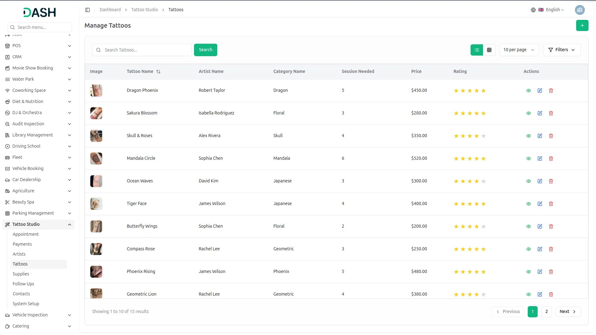 tattoo studio management dash