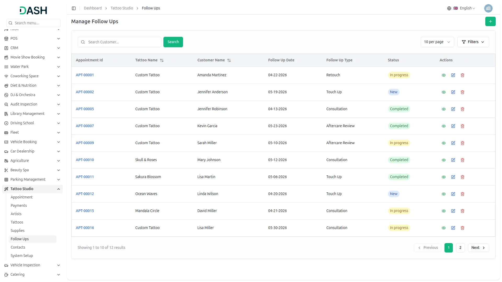 tattoo studio management dash