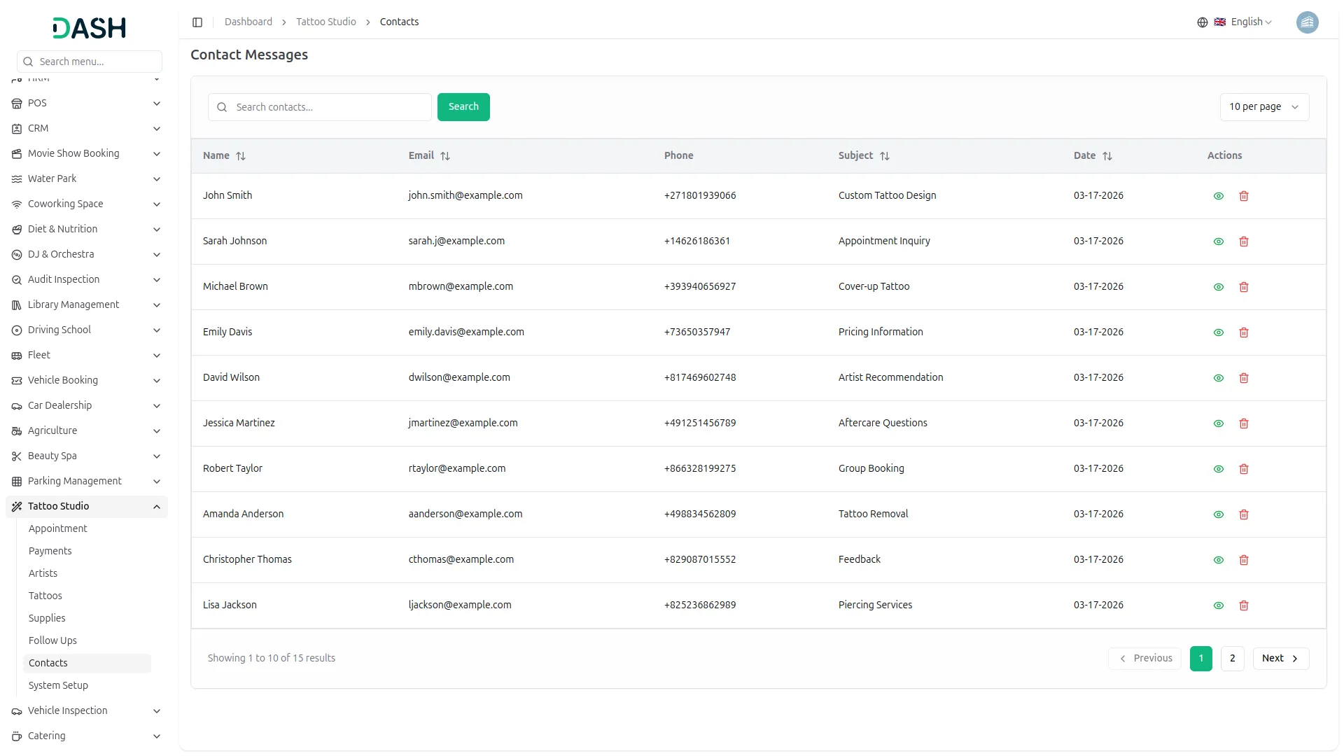 tattoo studio management dash