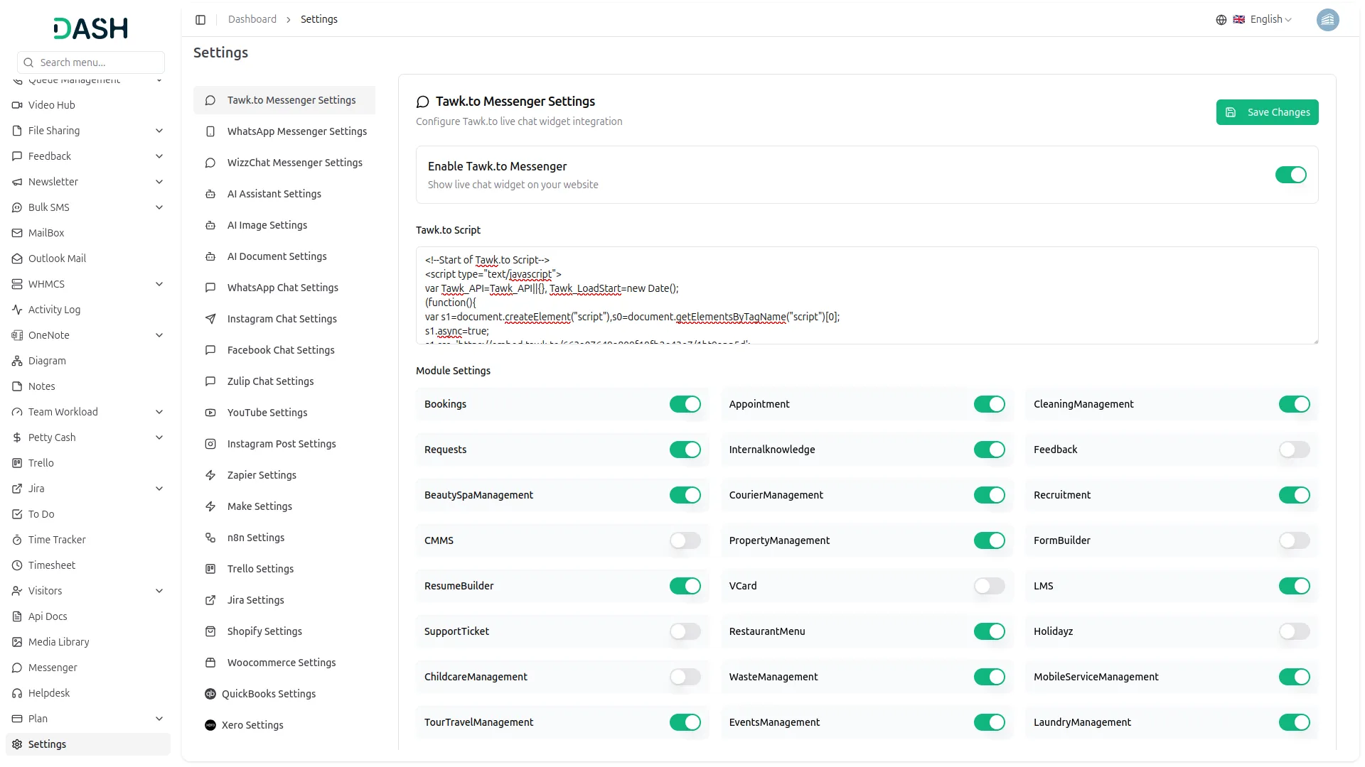 tawk-to-messenger dash saas