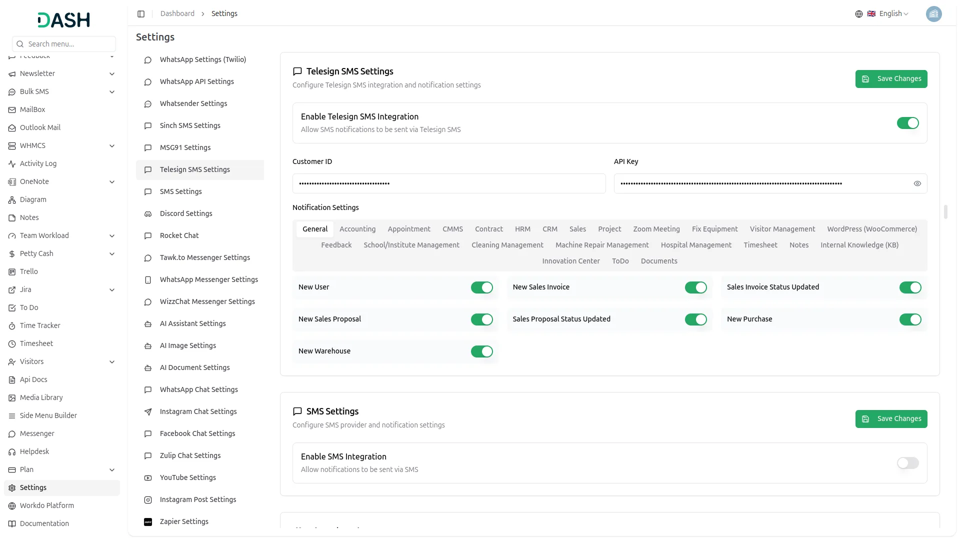 telesign sms settings configuration