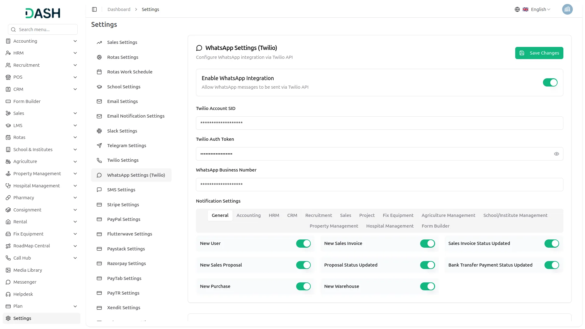 whatsapp twilio dash saas