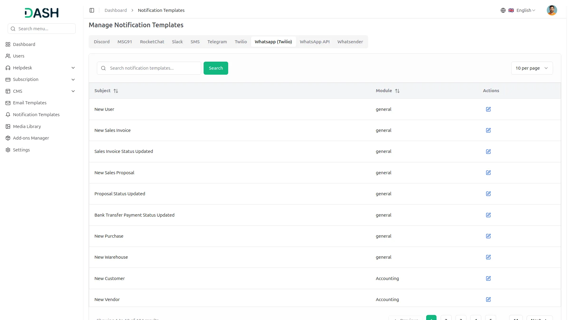 whatsapp twilio dash saas