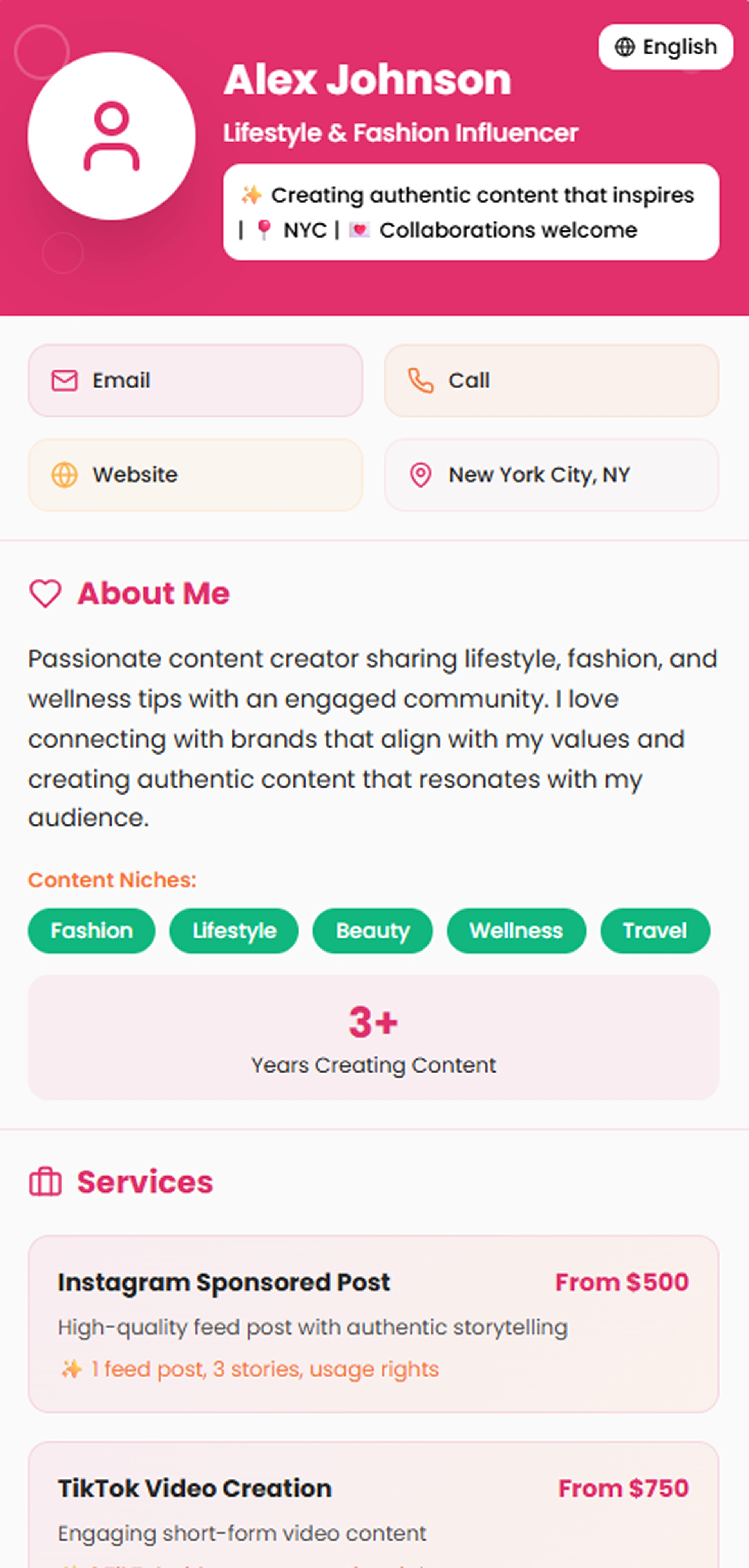 social media influencer virtual business card